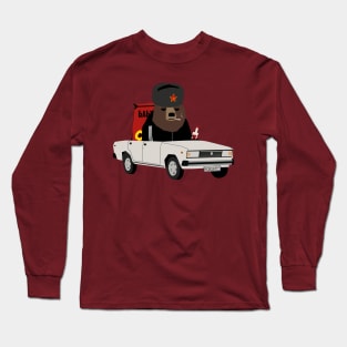 Gopnik Russian bear in the car on the road with sunflower seeds no text Long Sleeve T-Shirt